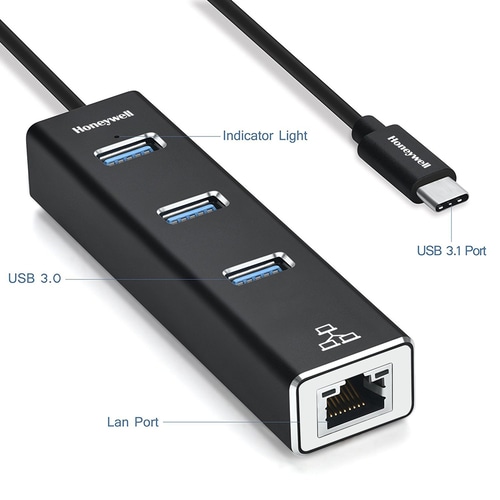 Honeywell Platinum Series Usb Type C to Usb with Gigabit Ethernet Adapter Black